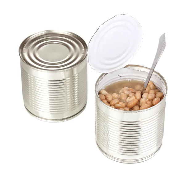 Open tin blikje bonen met lepel en gesloten kan geïsoleerd op wit — Stockfoto