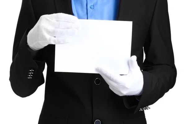 Man med blankt papper isolerad på vit — Stockfoto