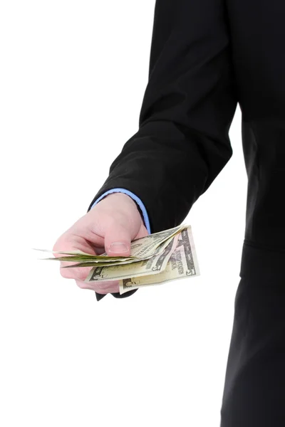 Geschäftsmann Hand hält Geld isoliert auf weiß — Stockfoto