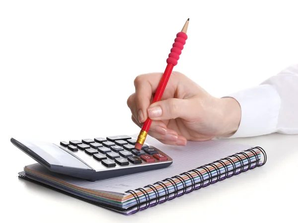 鉛筆とノートと白で隔離される計算機と女性手 — ストック写真