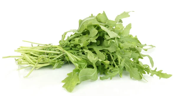 Friss rucola saláta vagy rakéta saláta levelek elszigetelt fehér — Stock Fotó