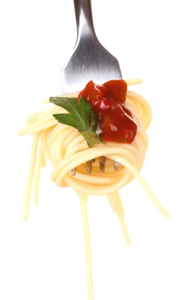 Finom spagettit a villát közelről a fehér háttér — Stock Fotó