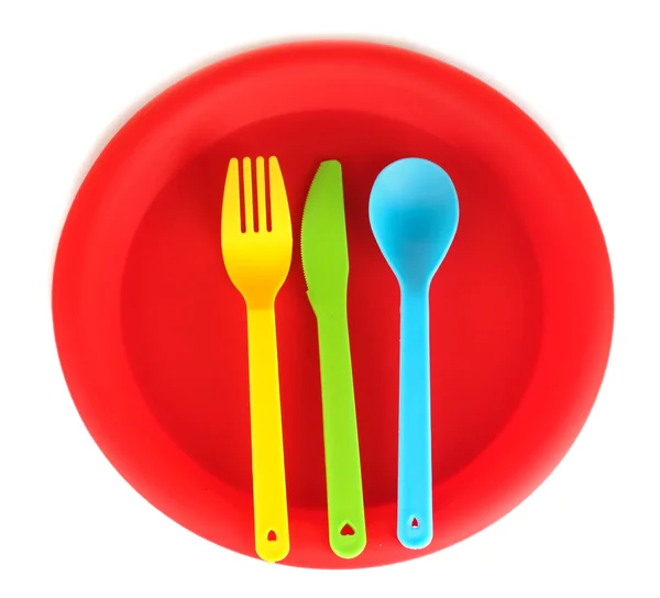 Bright plastic disposable tableware isolated on white background — Stock Photo, Image