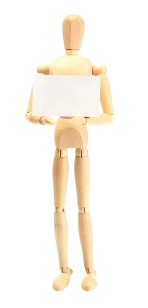 Wooden mannequin with empty paper isolated on white Stock Picture