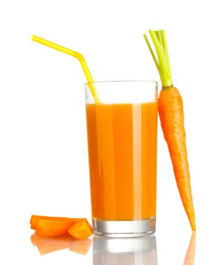 Glass of carrot juice and fresh carrot isolated on white clipart