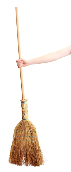 Broom in hand isolated on white — Stock Photo, Image