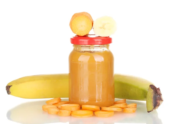Банка с фруктами и овощами детское питание изолированы на белом — стоковое фото