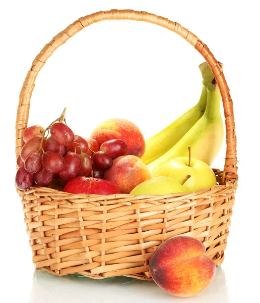 Ripe fruits in basket isolated on white — Stock Photo, Image
