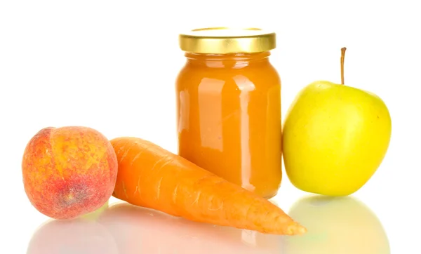 Jar met groenten en fruit babyvoeding geïsoleerd op wit — Stockfoto