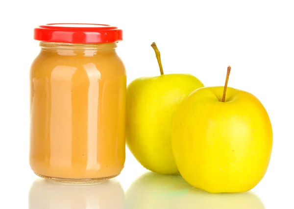 Frasco com maçã comida de bebê isolado em branco — Fotografia de Stock