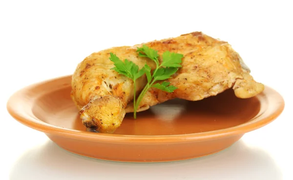 Ψητό κοτόπουλο μπούτι με μαϊντανό στο πιάτο απομονωθεί σε λευκό — Φωτογραφία Αρχείου