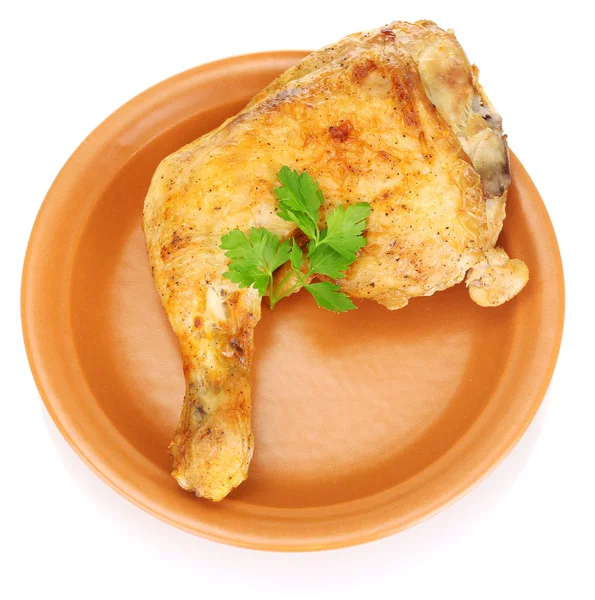 Pierna de pollo asado con perejil en la placa aislada en blanco —  Fotos de Stock