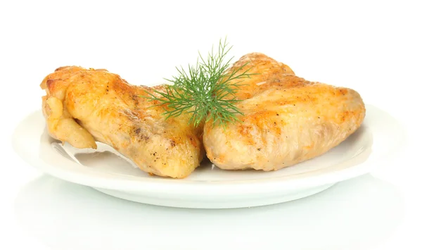 Roasted chicken wings with dill in the plate isolated on white — Stock Photo, Image