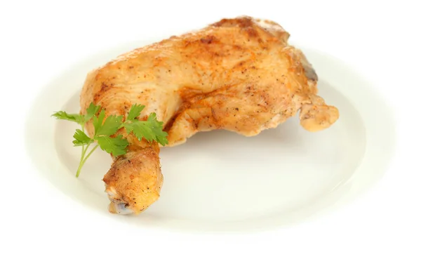 Cuisse de poulet rôtie avec persil dans la plaque isolée sur blanc — Photo