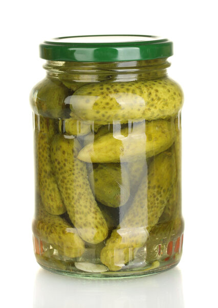 Jar of canned cucumbers isolated on white