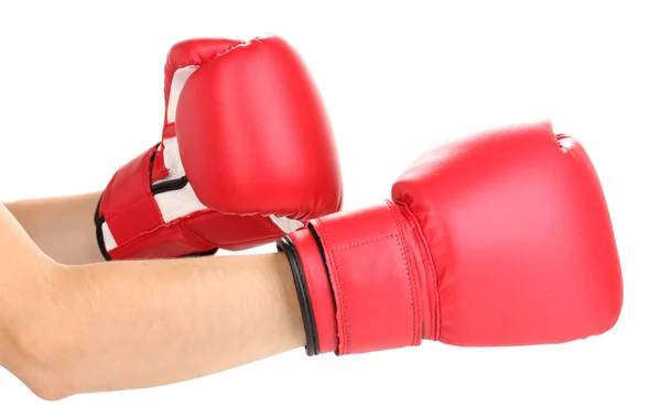 Röd boxning handskar på händerna isolerad på vit — Stockfoto
