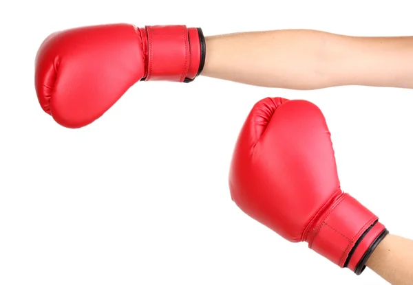 Rode bokshandschoenen op handen geïsoleerd op wit — Stockfoto