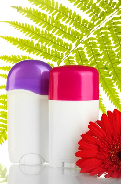 꽃과 녹색 잎 흰색 절연 deodorants — 스톡 사진