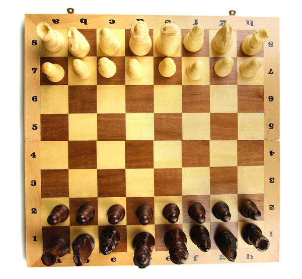 Tablero de ajedrez con piezas de ajedrez aisladas en blanco — Foto de Stock