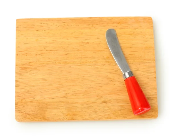 Schneidebrett mit Messer für Käse isoliert auf weißer Nahaufnahme — Stockfoto