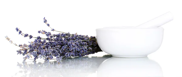 Lavendel met mortel geïsoleerd op wit — Stockfoto