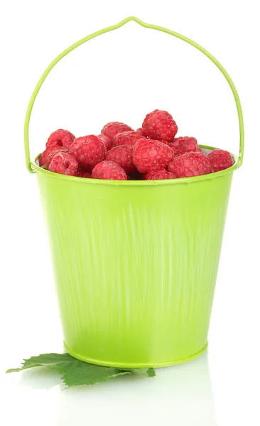 Čerstvé maliny v zelených kbelík izolovaných na bílém — Stock fotografie