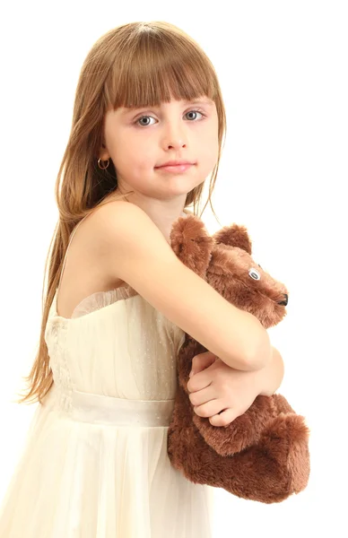 Retrato de menina bonita bonito com urso de brinquedo isolado no branco — Fotografia de Stock