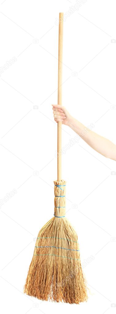 Broom in hand isolated on white