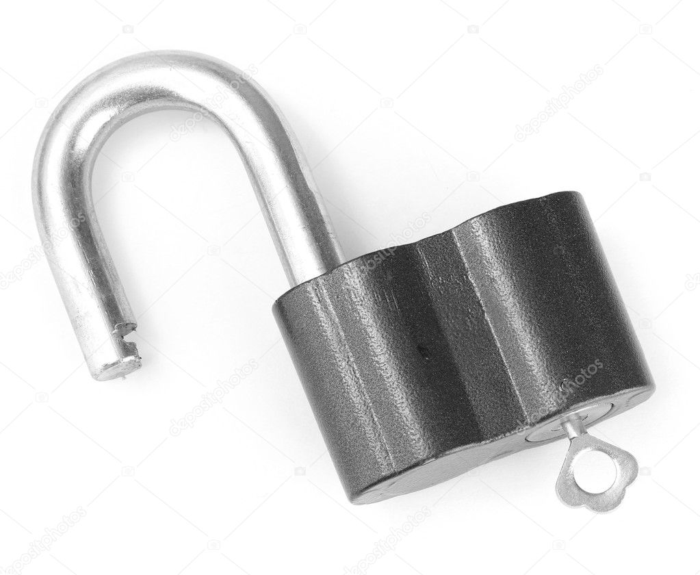 Old padlock with key isolated on white background