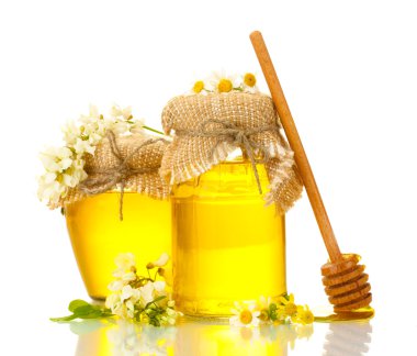 Sweet honey jars and acacia flowers isolated on white clipart