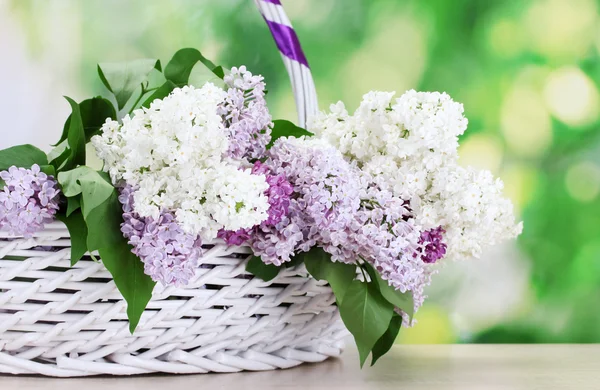 Bellissimi fiori lilla in cesto su tavolo di legno su sfondo verde — Foto Stock