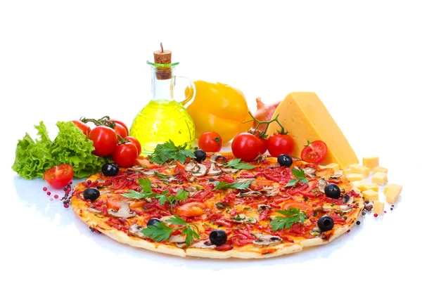 Delicious pizza and vegetables isolated on white — Stock Photo, Image