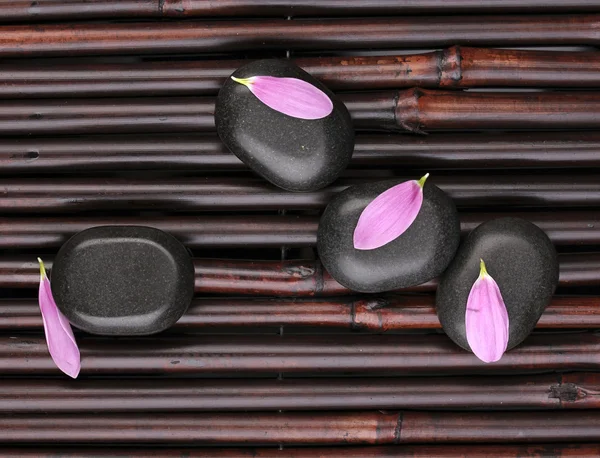 Pietre termali e petali di fiori su tappetino di bambù — Foto Stock