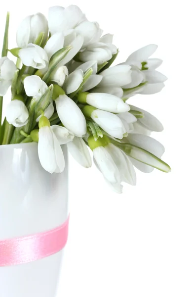 Beau bouquet de gouttes de neige en vase isolé sur blanc — Photo