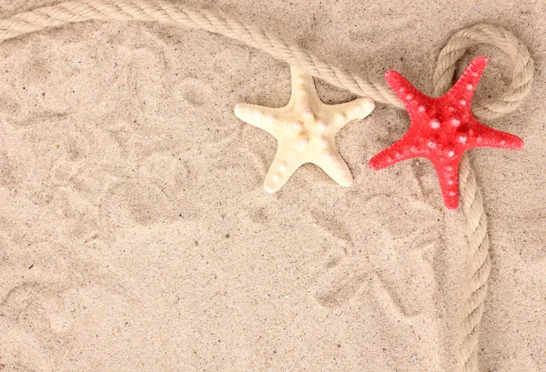 Starfishes com corda em areia — Fotografia de Stock