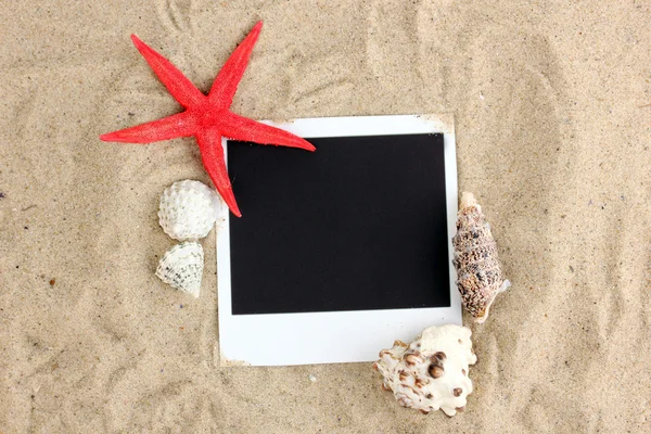 Foto con conchiglie e stelle marine sulla sabbia — Foto Stock