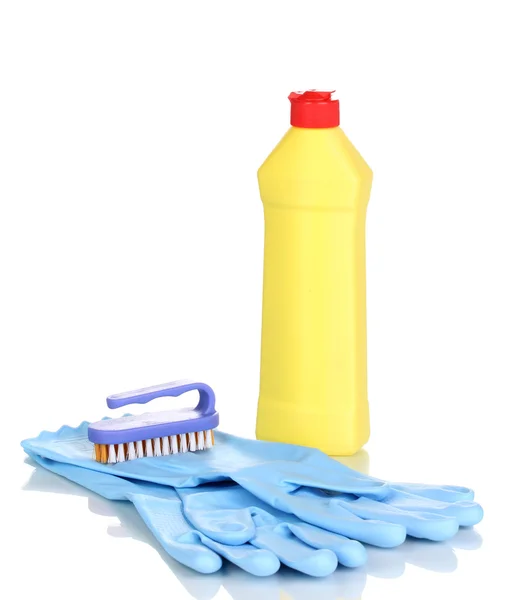 Detergent with gloves and brush isolated on white — Stock Photo, Image