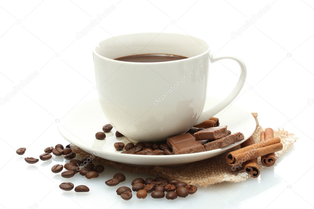 Cup of coffee and beans, cinnamon sticks and chocolate isolated on white