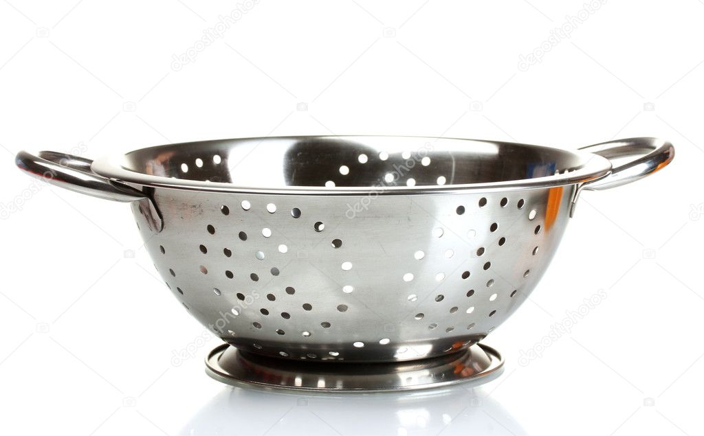 Empty silver colander isolated on white