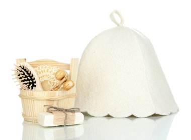 Sauna şapka ve banyo izole üzerinde beyaz set