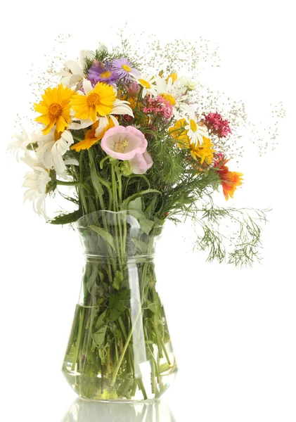 Beautiful bouquet of bright wildflowers in glass vase, isolated on white — Stock Photo, Image