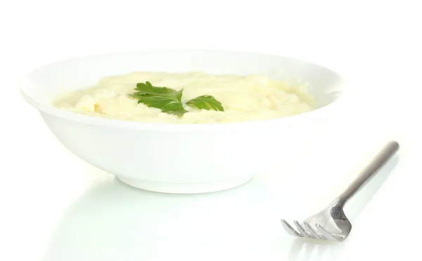 Mashed potato with parsley in the plate isolated on white — Stock Photo, Image