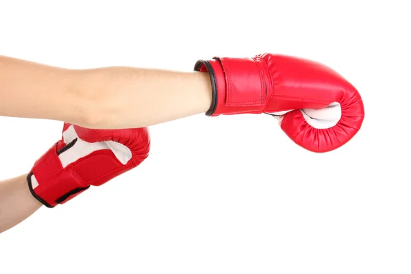Красные боксерские перчатки на руках, изолированные на белых — стоковое фото