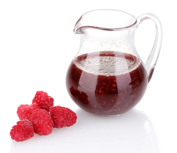 Raspberries and jug with jam isolated on white — Stock Photo, Image