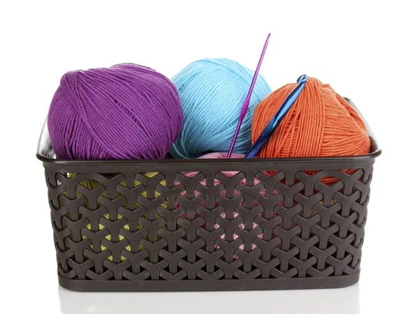 Knitting yarn in plastic basket isolated on white — Stock Photo, Image