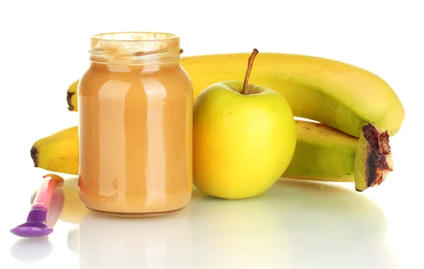フルーツと離乳食スプーン白で隔離される jar ファイルします。 — ストック写真