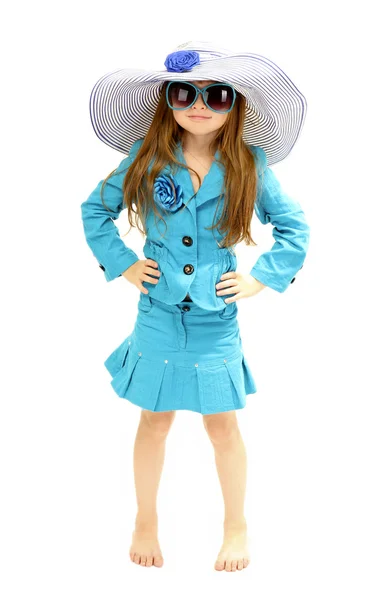 Portrait of funny little girl with sunglasses and hat isolated on white — Stock Photo, Image