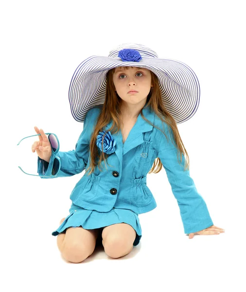 Portrait of funny little girl with sunglasses and hat isolated on white — Stock Photo, Image