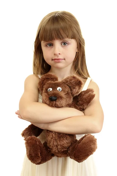 Porträtt av vacker söt flicka med leksak Björn isolerad på vit — Stockfoto