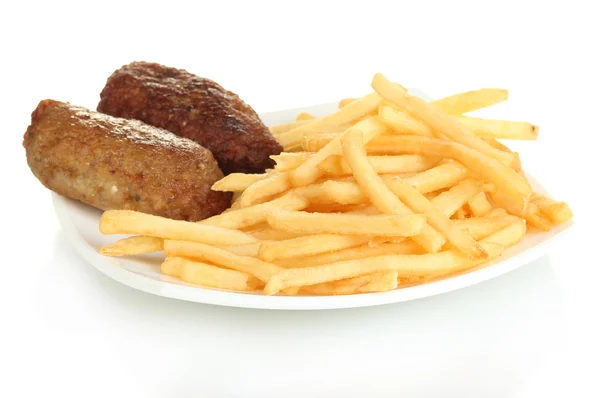 Patate fritte con hamburger nel piatto isolato su primo piano bianco — Foto Stock
